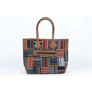 Multicolor Women's Woven Cotton & Leather Patchwork Shoulder Tote Bag – Casual Daily Handbag with Zipper Closure