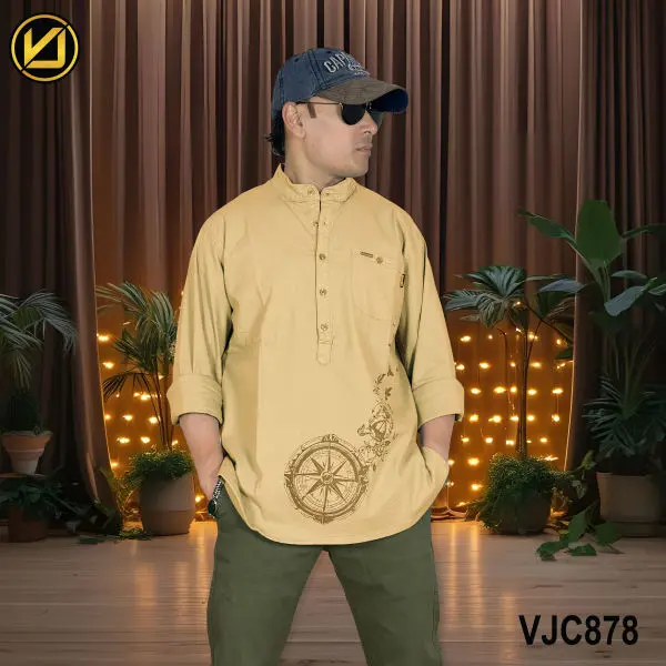 VIRJEANS (VJC878D) Linen Stretchable Kurta Shirt For Men-Yellow - Image 3