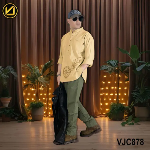 VIRJEANS (VJC878D) Linen Stretchable Kurta Shirt For Men-Yellow - Image 5