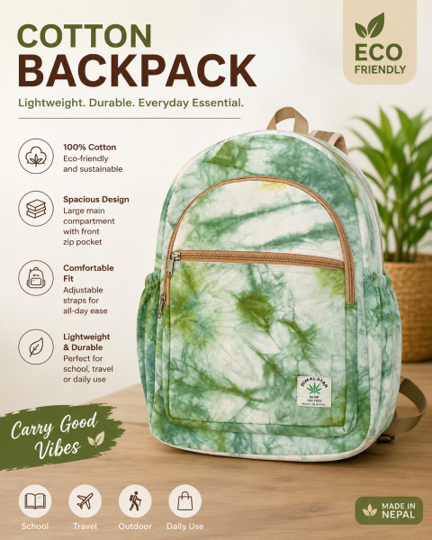 Eco-Friendly Handmade Cotton Backpack | Unisex Sustainable Travel, School & College Bag | Made in Nepal (Green Mix) - Image 3