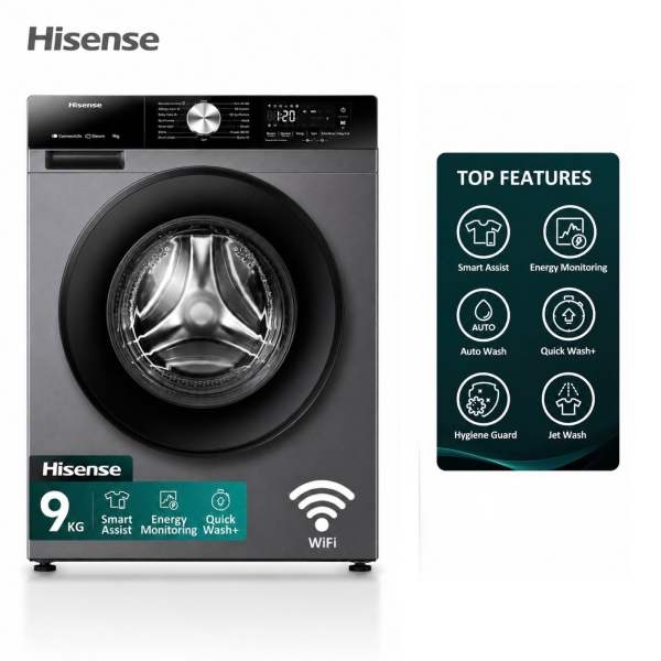 HISENS 9 Kg Fully Automatic Front Loading Inverter Washing Machine (Titanium) - Image 5