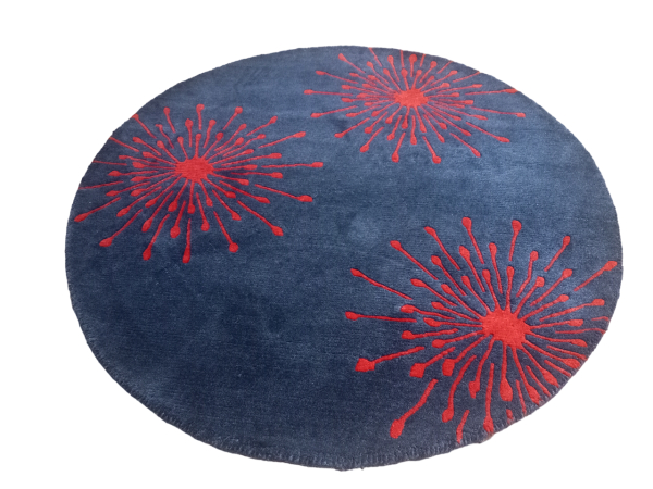 Handknotted Nepali Woolen Carpet 60 Knots Blue Red 100cm Round Modern Rug - Image 2