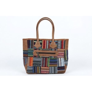 Multicolor Women's Woven Cotton & Leather Patchwork Shoulder Tote Bag – Casual Daily Handbag with Zipper Closure