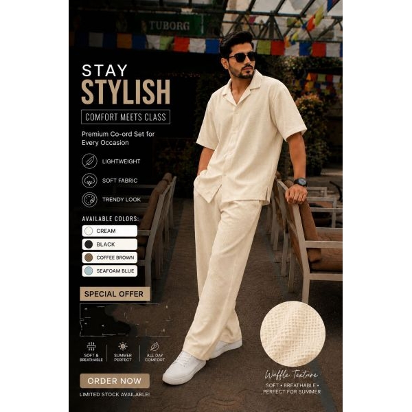 Stylish Summer Cotton Waffle Cord-Set For Men's . - Image 5