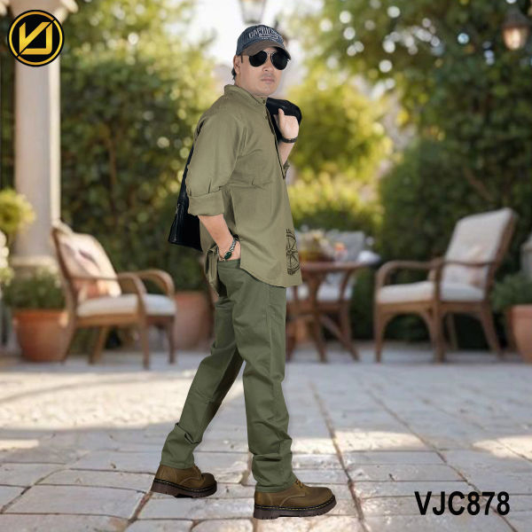 VIRJEANS (VJC878) Linen Stretchable Kurta Shirt For Men-Olive Green - Image 2