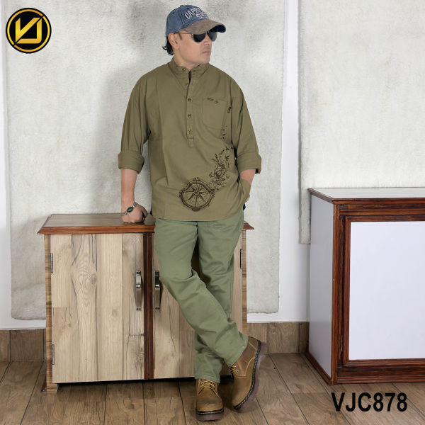 VIRJEANS (VJC878) Linen Stretchable Kurta Shirt For Men-Olive Green - Image 3