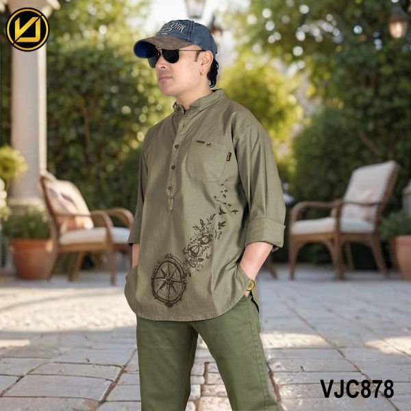 VIRJEANS (VJC878) Linen Stretchable Kurta Shirt For Men-Olive Green - Image 4