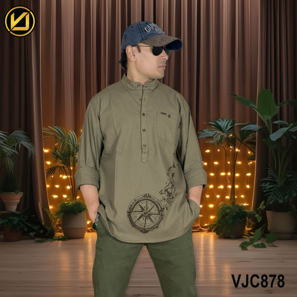 VIRJEANS (VJC878D) Linen Stretchable Kurta Shirt For Men-Olive Green - Image 3