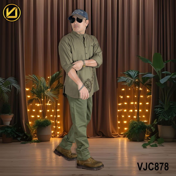 VIRJEANS (VJC878D) Linen Stretchable Kurta Shirt For Men-Olive Green - Image 4