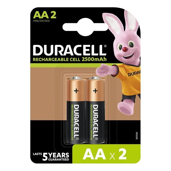 Duracell - Rechargeable Aa 2500 Mah Dx1500 Nimh 1.2V Batteries Long Lasting Power 5 Year Pack of 2 Piece
