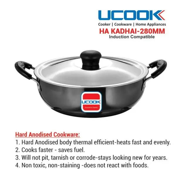 UCOOK Hard Anodised Induction Based Steel Lid Deep Kadhai 5 Litres - Image 4