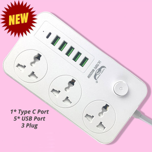LUCKY HAWK  5V 3.4A 3 International Power Trailing Socket Extension Plug 6 USB Port