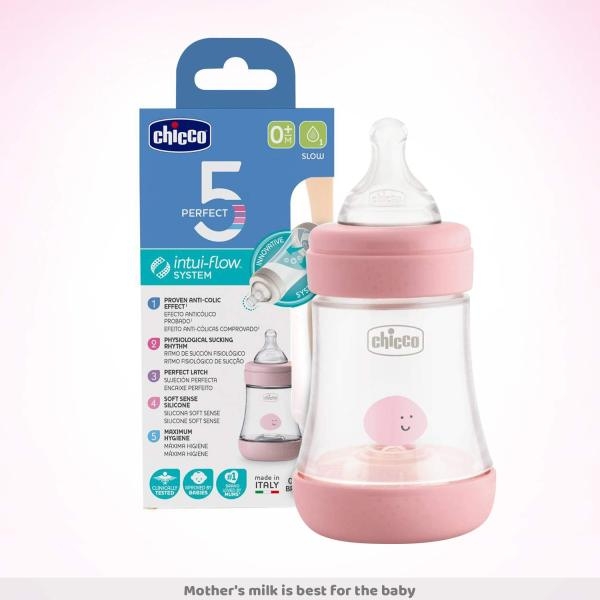 Chicco Perfect 5 150ml Biofunctional Feeding Bottle, Advanced Anti-Colic System, BPA Free, Hygienic Silicone Teat (Pink) - Image 3
