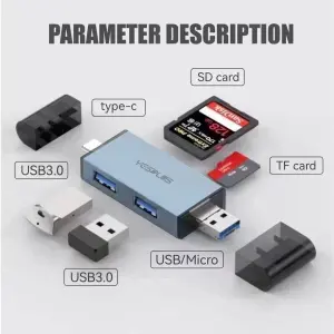 USB OTG Hub YESPLUS YS-1415 Multi-Function Card Reader USB/Type-C/Micro + SD/MicroSD Gray
