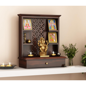 Satyam Temple l Home Wooden Mandir Pooja Stand for Home and Office Wall And Table Worship Idol And Frame Holder in  Walnut Finish