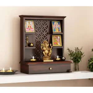 Satyam Temple l Home Wooden Mandir Pooja Stand for Home and Office Wall And Table Worship Idol And Frame Holder in Walnut Finish