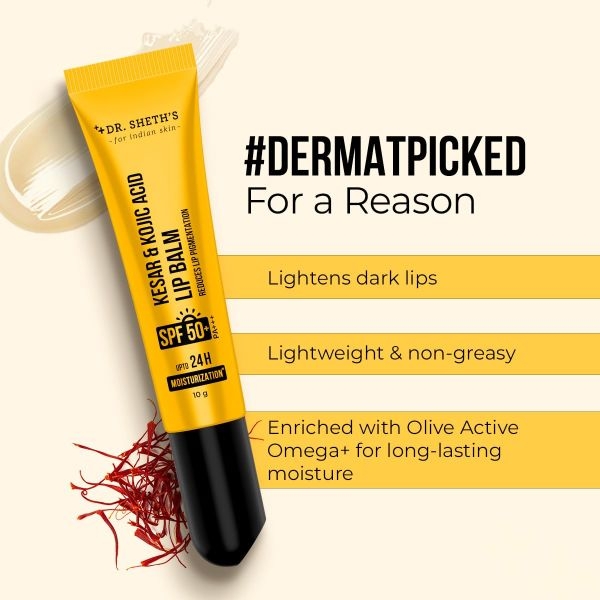 Dr. Sheth's Kesar & Kojic Acid Lip Balm|Reduces Lip Pigmentation|SPF 50+ PA+++|24H Moisturization|Non Sticky|Lightweight|For Dark,Dry,Flaky Lips|Natural Oils & Butters|All Genders|10g - Image 3