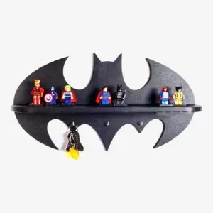 Wooden Batman Design Floating Shelf with Key Holders In Black