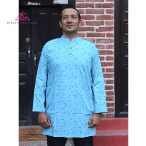 Bisesh Creation Lotus Blue Cotton Printed Kurta For Men