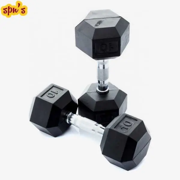 10 Kg Rubber Hex Dumbbells Set | Rubber Coated Chrome Casted Handle Hex Dumbbell - 10Kg - 1 Pair - Image 3