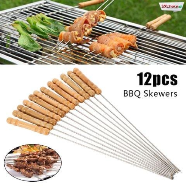 10-Piece Stainless Steel BBQ Skewers with Wood Handles - 12 Inches - Image 3