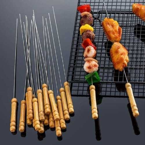 10-Piece Stainless Steel BBQ Skewers with Wood Handles - 12 Inches - Image 4