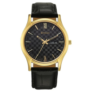 Titan Black Dial Leather Strap Analog with Day Date Watch for Men