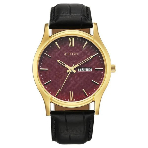 Titan Brown Dial Black Leather Strap Analog with Day Date Watch for Men