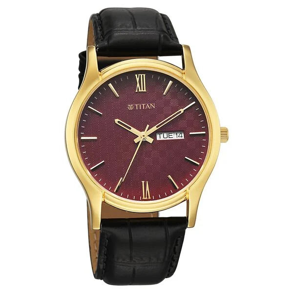 Titan Brown Dial Black Leather Strap Analog with Day Date Watch for Men - Image 2