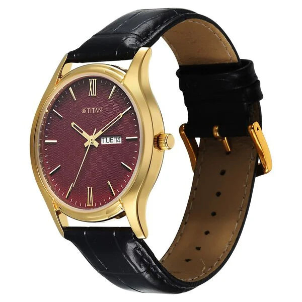 Titan Brown Dial Black Leather Strap Analog with Day Date Watch for Men - Image 3