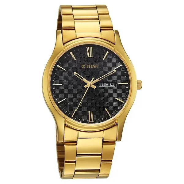 Titan Black Dial Gold Metal Strap Analog with Day Date Watch for Men - Image 2