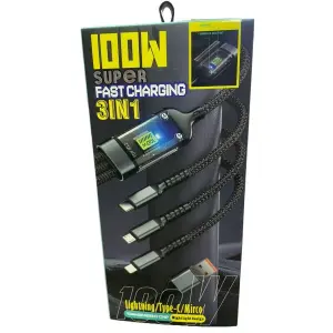 100W Transparent Luminous 3-in-1 Super Fast Charging Cable, USB Cable Fast Charging