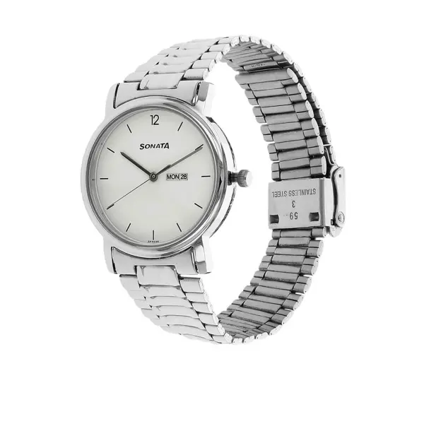 Sonata Quartz Analog with Day and Date White Dial Stainless Steel Strap Watch for Men - Image 2