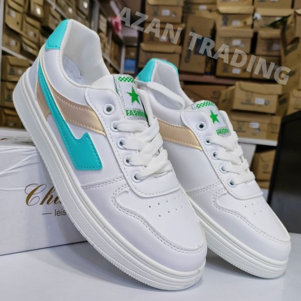 Women's White Green Stripes Sneakers Fashionable Sporty Footwear - Image 2