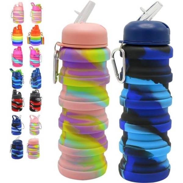 Silicone Collapsible Water Bottles, 16oz Portable Foldable Expandable Water Bottle Sports Cups with Straw - Image 3