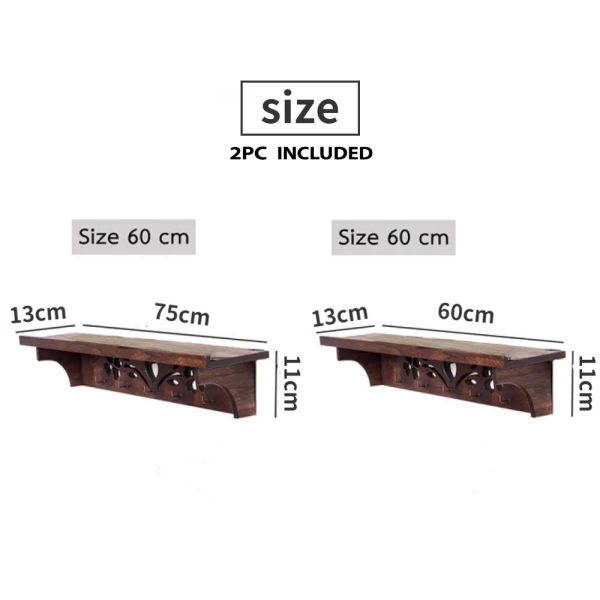 Wooden Shelf with Hanger Wall Mounted Bedroom, Bathroom, Living Room Shelves, with Hooks, Kitchen Decor Shelf 2pc - Image 3