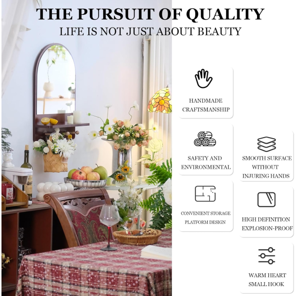 Domed Mirror Shelf Wooden Frame Wall Mirror Arched Wall Mount Decorative Storage Vanity Mirror for Bedroom Entrance Living Room Hallway 30x50cm - Image 7