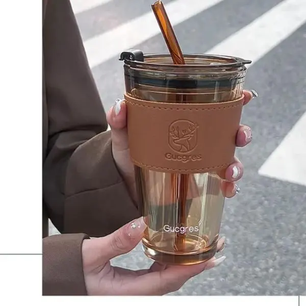 Iced Coffee Cups with Lids and Straws | 400ml | Thick Wall Glass Tumbler with Insulated Leather Sleeve,Cute Juice Mugs,Travel Sipper for Cocktail, Mocktail (1, Can Lather) - Image 3