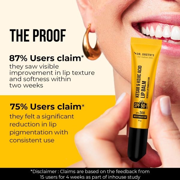 Dr. Sheth's Kesar & Kojic Acid Lip Balm|Reduces Lip Pigmentation|SPF 50+ PA+++|24H Moisturization|Non Sticky|Lightweight|For Dark,Dry,Flaky Lips|Natural Oils & Butters|All Genders|10g - Image 5
