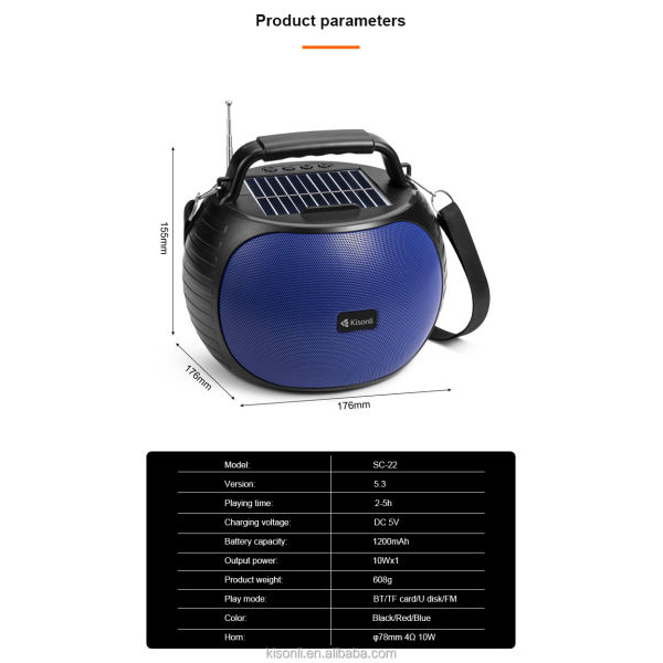 Kisonli SC-22 Solar Power Or USB Rechargeable Bluetooth Speaker FM / Bluetooth / USB / SD card - Image 3