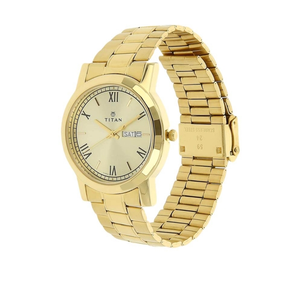 Titan Quartz Analog with Day and Date Champagne Dial Stainless Steel Strap Watch for Men - Image 2