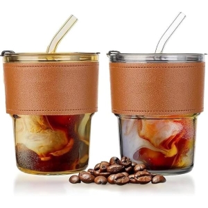 coffee glass cup with straw
