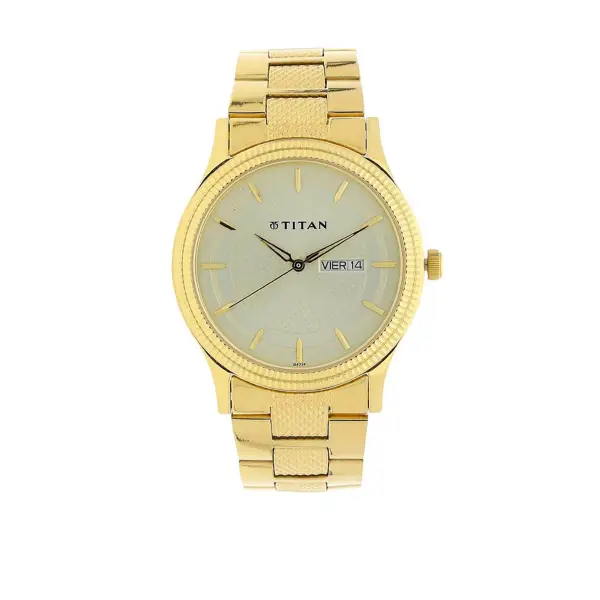 Titan Analog with Day and Date Quartz Champagne Dial Metal Round Stainless Steel Strap watch for Men - Image 2
