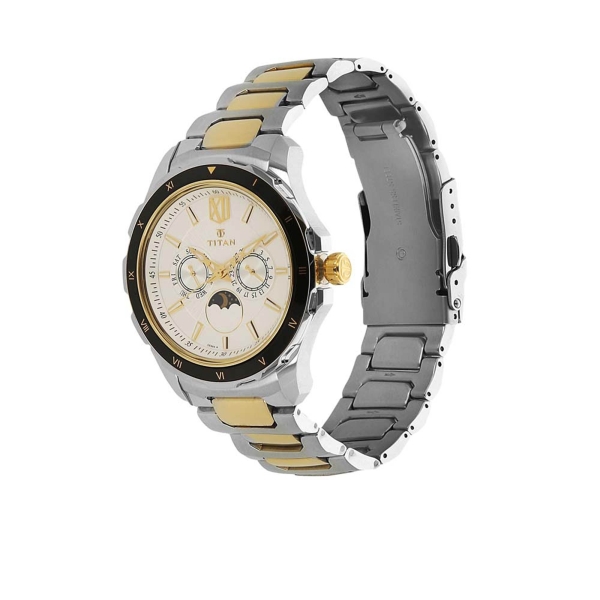 Titan Fashion White Dial Two Toned Stainless Steel Strap Multifunction Quartz Watch for Men - Image 2