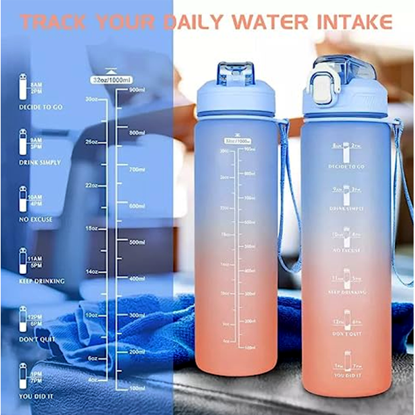 KOJA 1000ML Water Bottle with Motivational Time Marker Straw Strainer BPA Free Sport Plastic Bottles Exercise Leak Proof - Image 3