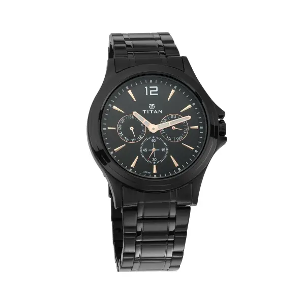Titan Quartz Multifunction Black Dial Stainless Steel Strap Watch for Men - Image 2