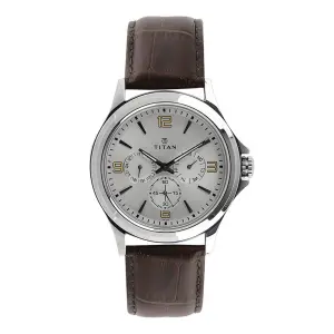 Titan Quartz Multifunction Silver Dial Leather Strap Watch for Men