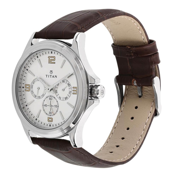 Titan Quartz Multifunction Silver Dial Leather Strap Watch for Men - Image 2