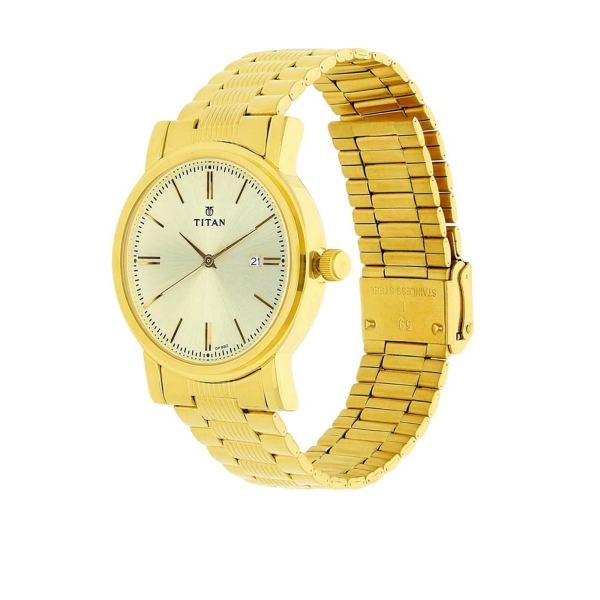 Titan Quartz Analog with Date Champagne Dial Stainless Steel Strap Watch for Men - Image 2