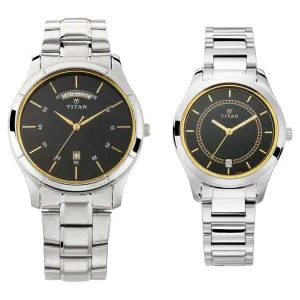 Titan Bandhan Blue Dial Analog with Day and Date Stainless Steel Strap watch for Couple